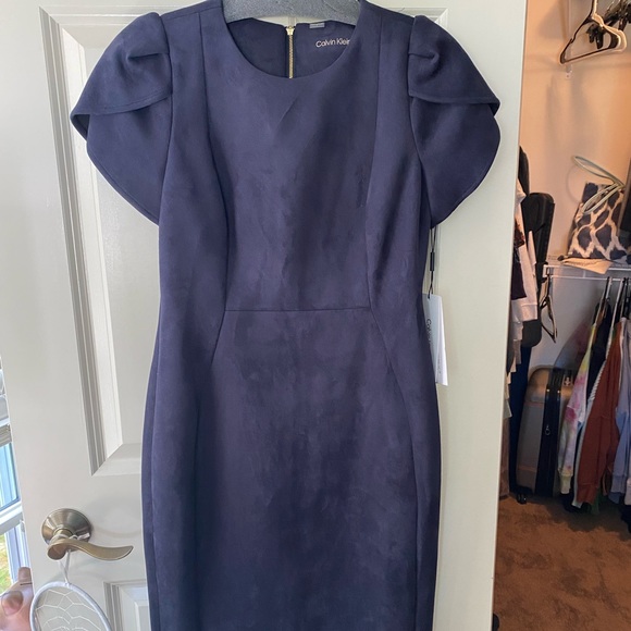 calvin klein blue suede dress Calvin Klein Faux Suede Navy Blue Sheath Dress Women's Size 2 Comfort Stretch